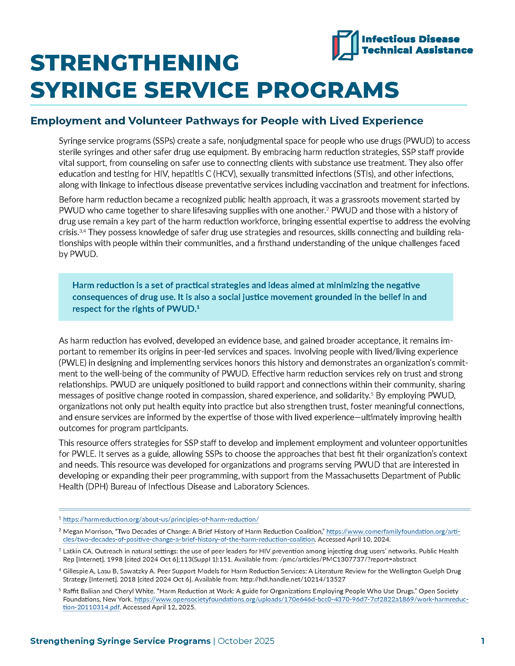 Strengthening Syringe Service Programs: Employment and Volunteer Pathways Resource